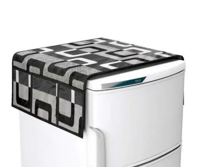 Knit Printed Fridge Top Cover with Side Pockets (Black)