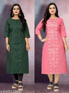 Floral Embroidered Cotton Blend Kurti for Women, Pack of 2 