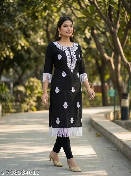Floral A-line Kurti for Women (Black, M)