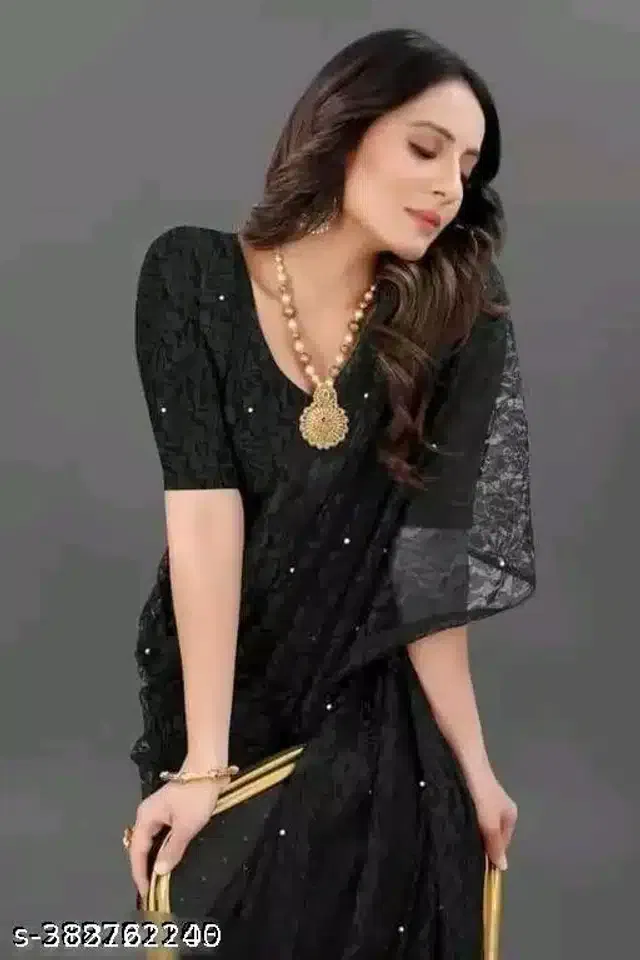 Net Saree for Women (Black, 6.3 m)