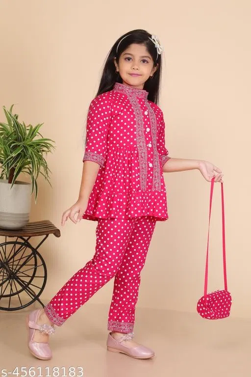 Embroidered Rayon Kurta Set for Girls (Pink, 8-9 Years)