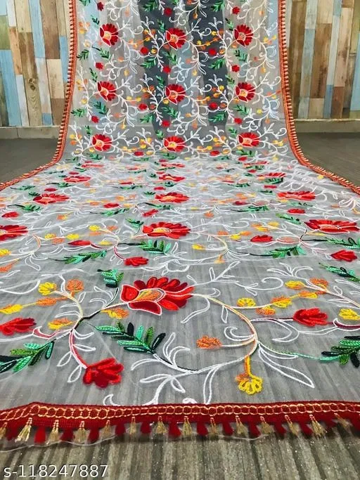 Embroidered Punjabi Net with Applique Sewing & Embroidery (Multicolor, Free Size)