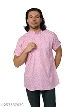 Cotton Blend Printed Short Kurta for Men (Pink, S)