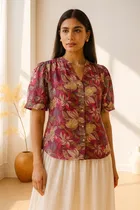 Women's Tropical Floral Print Mandarin Collar Top, S 