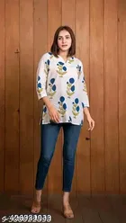 Rayon Printed Short Kurti for Women, White 