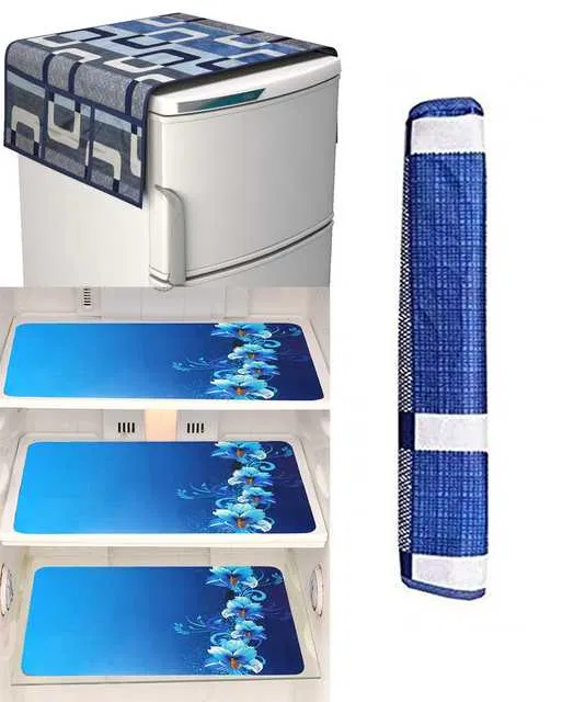 Fridge Cover And Mats With Handle Cover (Pack Of 5, Blue) (ST-8)