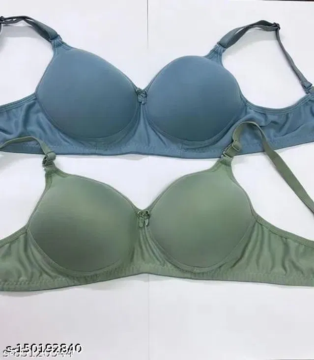 Cotton Blend Solid Padded Bra for Women (Blue & Olive, 30B) (Pack of 2)