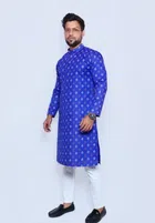 Cotton Printed Full Sleeves Kurta with Pyjama for Men (Royal Blue, M)