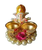 Metal Decorative Ganpati Haldi Kumkum Stand with 2 Roli Chawal Holder, Multicolor