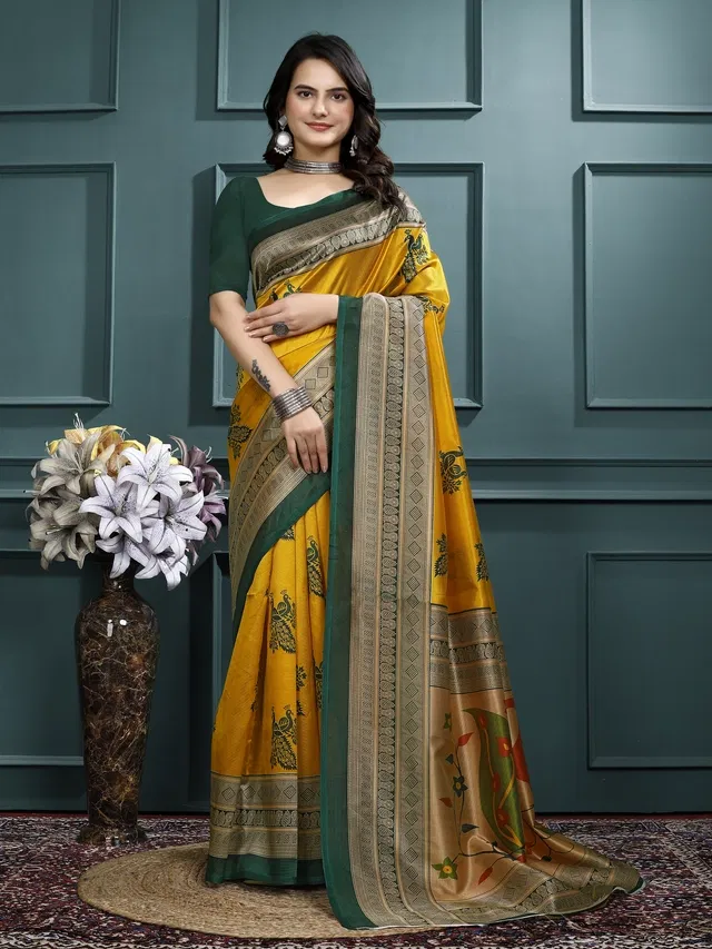 Mysore Silk Printed Saree for Women (Yellow, 6.3 m)