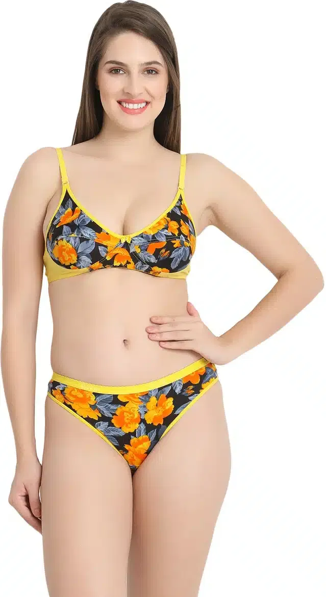 Cotton Blend Lingerie Set for Women (Yellow, 30)