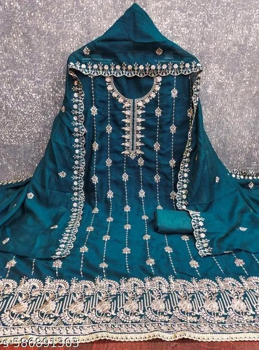 Vichitra Silk Punjabi/All Over Suits Semi-Stitched Suits for Women (Blue, Un Stitched)