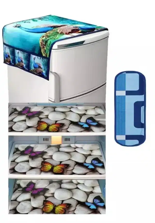 Knit Printed Fridge 3 Pcs Mat with Top & Handle Cover (Multicolor, Set of 1)