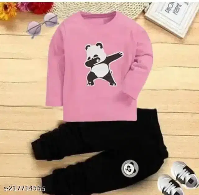 Hosiery Cotton Full Sleeves T-Shirt with Pant Clothing Set for Kids (Pink & Black, 12-18 Months)