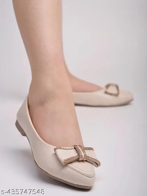 Solid Synthetic Ballerinas for Women (Cream, IND-4)