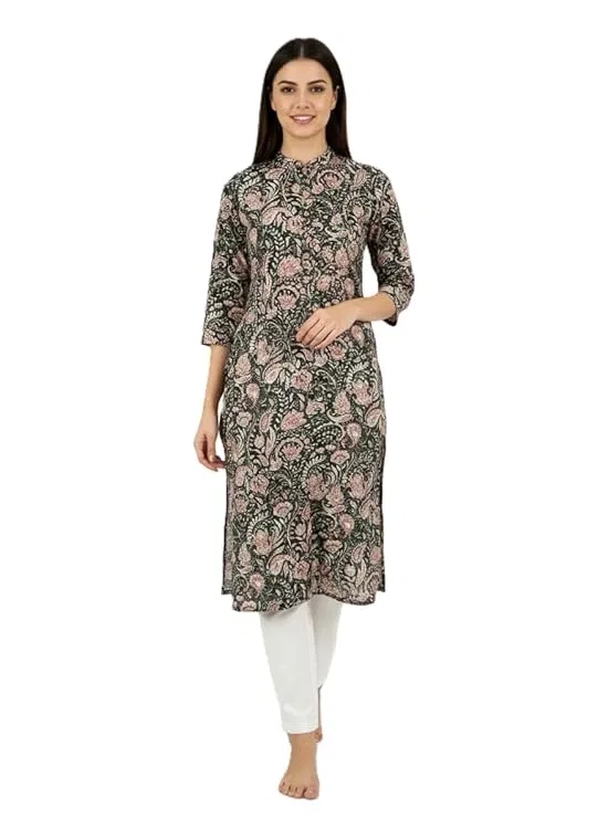 Rayon Slub Floral Kurti & Payjama Set For Women, Multicolour (XXL)