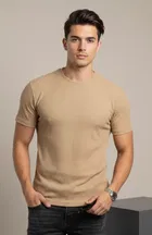 Polyester Round Neck T-shirt for Men, Beige 