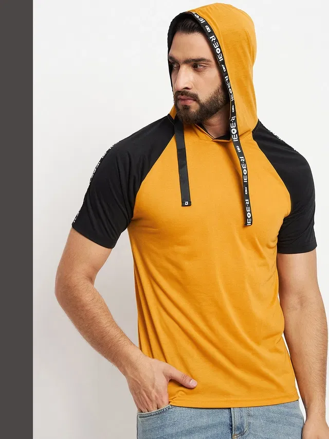 Hooded Printed Full Sleeves T-shirt for Men (Mustard, XL)