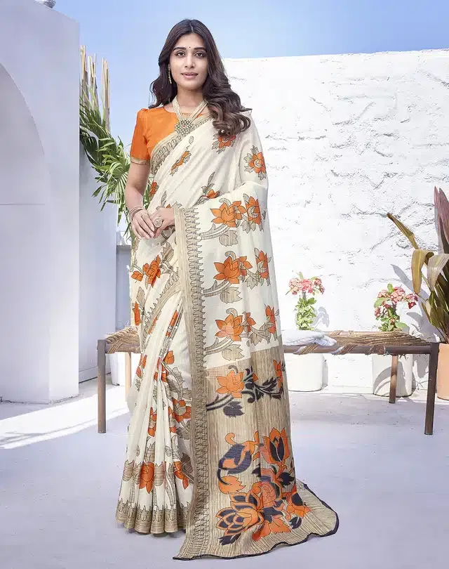 Art Silk Printed Saree for Women (Orange, 6 m)