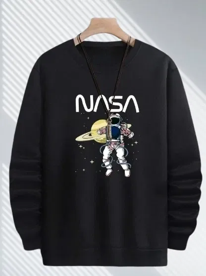 Fleece Printed Sweatshirt for Men (Black, M)