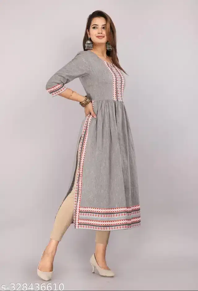 Naira Cut Rayon Embroidered Kurti for Women (Grey, M)