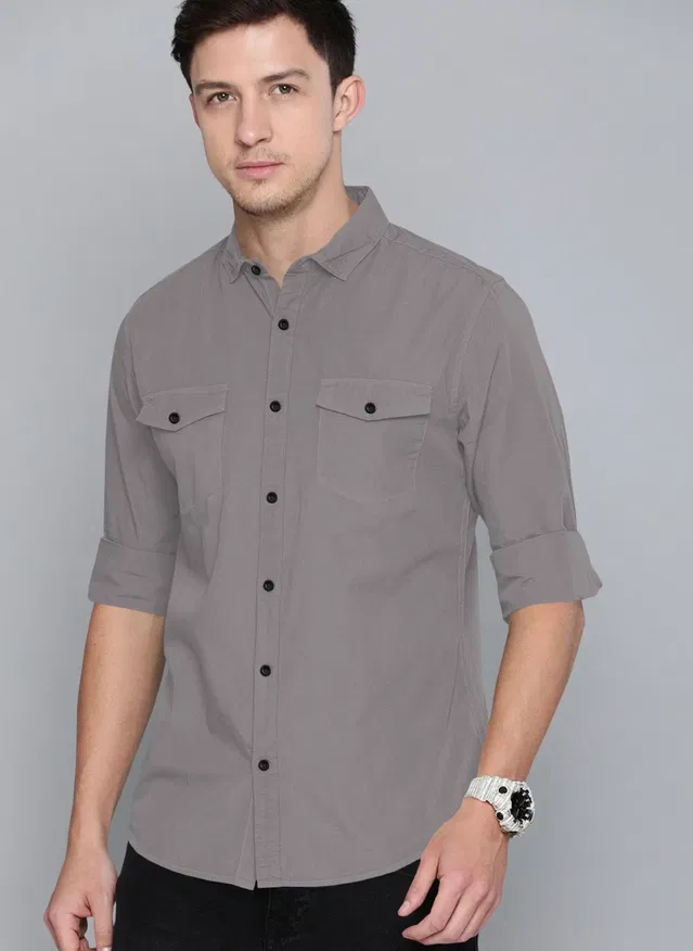 Full Sleeves Solid Shirt for Men (Grey, S)