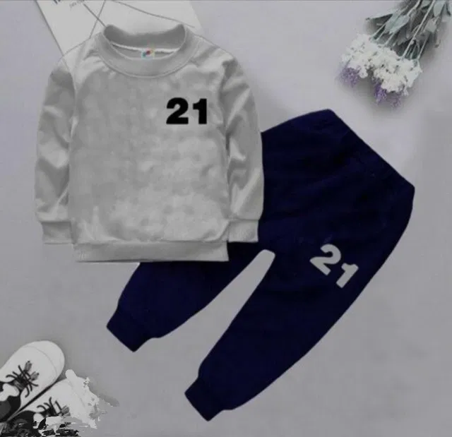 Hosiery Printed T-Shirt with Pant Set for Kids (Grey & Navy Blue, 18-24 Months)