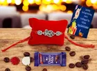 Combo of Metal Rakhi, Greeting Card, Roli  & Chocolate 