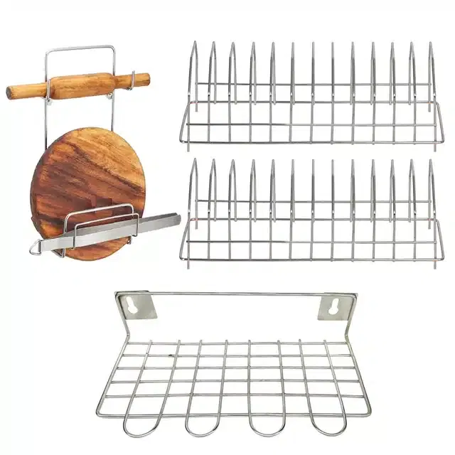2 Pcs Stainless Steel Dish Rack & Chakla Belan Stand with Hooks & Ladle Stand (Set of 4, Silver)