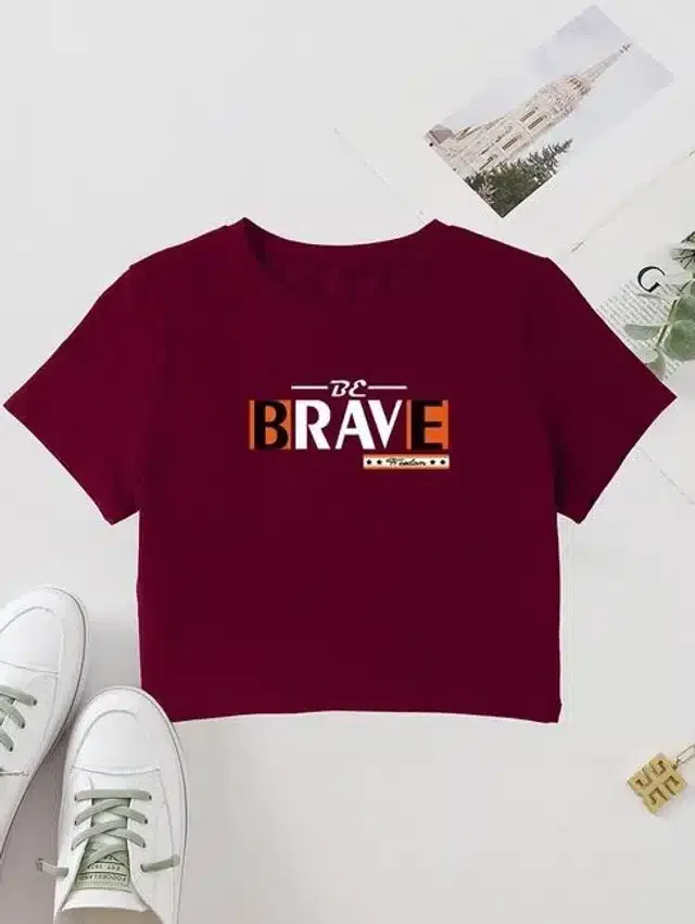 Printed Crop T-shirt for Women (Maroon, L)