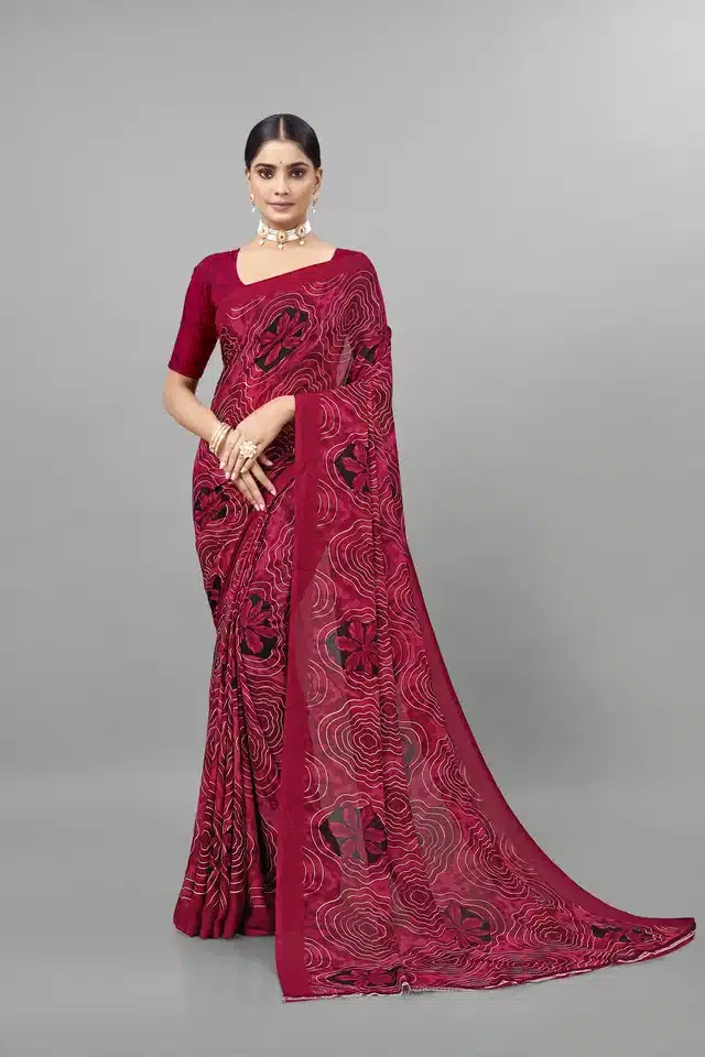 Georgette Printed Saree for Women (Maroon, 6.3 m)