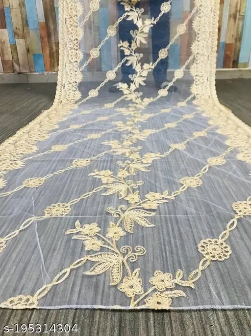 Botanical Aari Work Embroidered Net Dupatta for Women (Cream, Free Size)