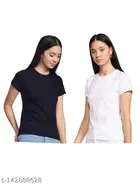 Cotton Solid T-Shirt for Women, Black & White, Pack of 2 