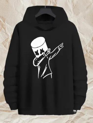Fleece Printed Hoodie for Men (Black, XXL)