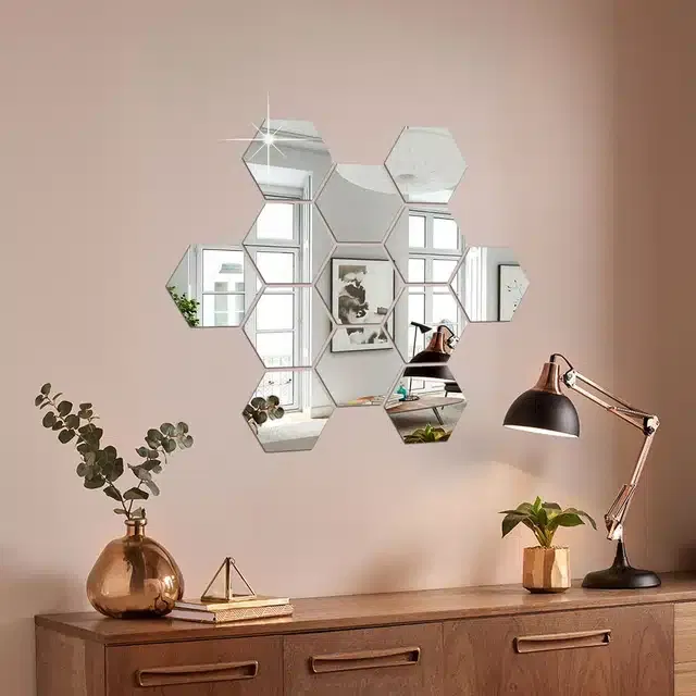 Acrylic Hexagon Shaped Wall Mirror Stickers (Silver, Pack of 13)