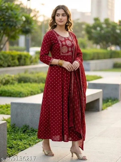 Solid A-line Kurta Set for Women (Red, S)