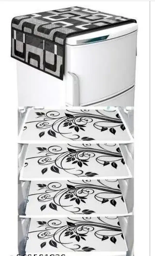 Knit Printed Fridge 4 Pcs Mat with Top Cover (Black, Set of 1)