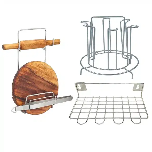 Stainless Steel Glass Stand & Utensil Holder with Chakla Belan Stand (Set of 3, Silver)