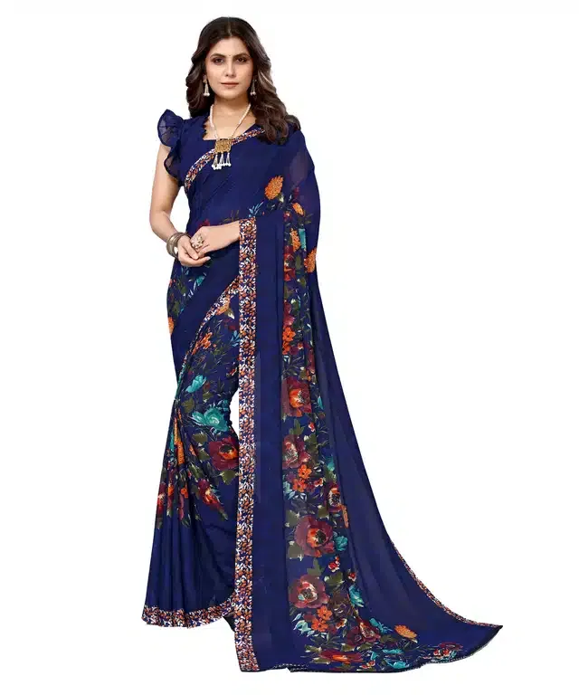 Georgette Printed Saree for Women (Blue, 6 m)