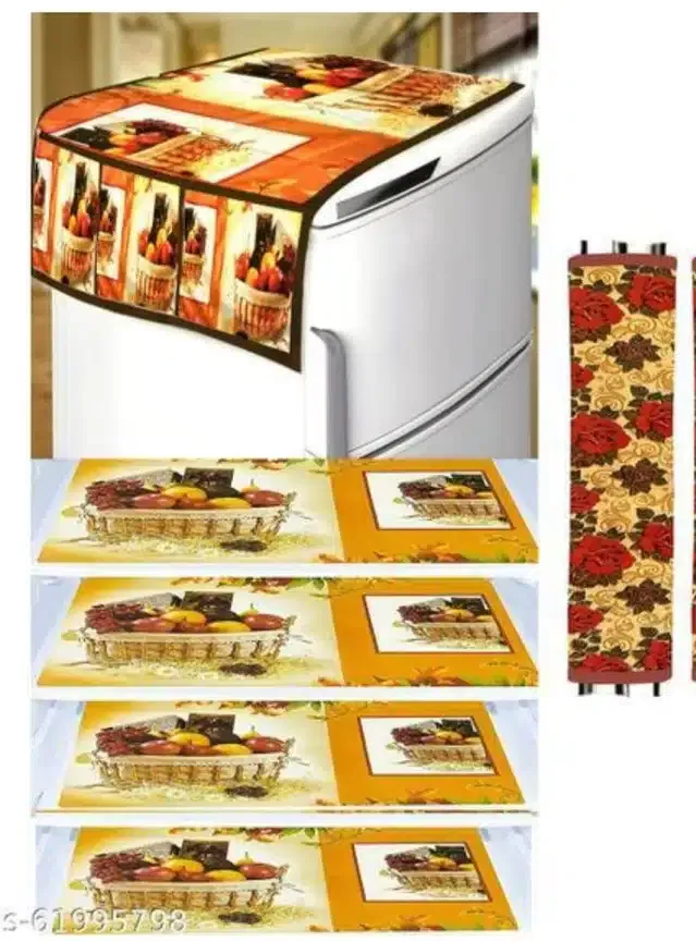 Knit Printed Fridge 4 Pcs Mat with Handle & Top Cover (Multicolor, Set of 1)