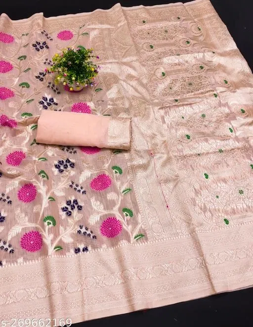 Cotton Linen Zari Woven Saree for Women (Peach, 6.3 m)