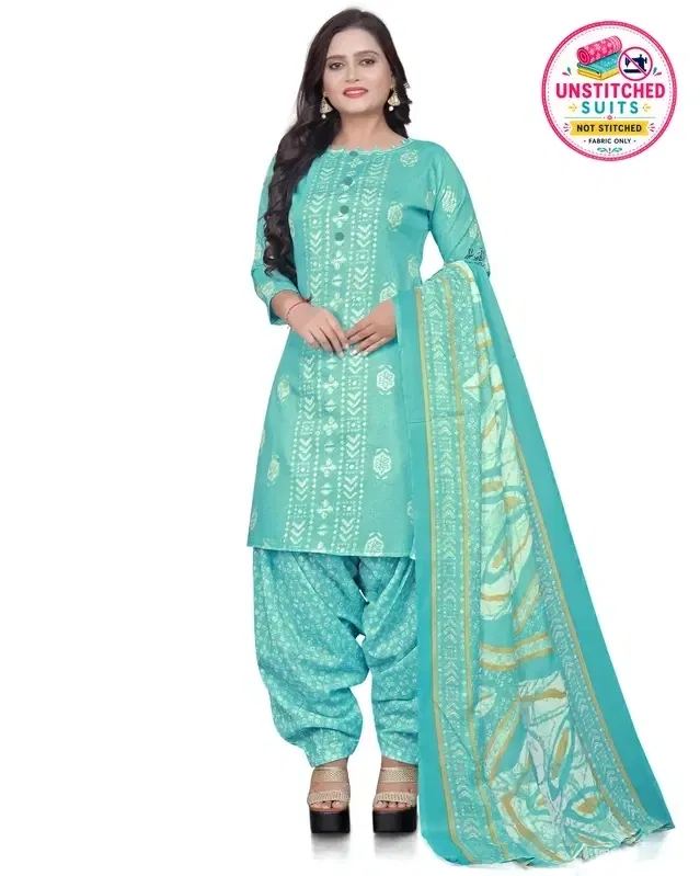 Cotton Printed Unstitched Suits Fabric for Women (Sky Blue)