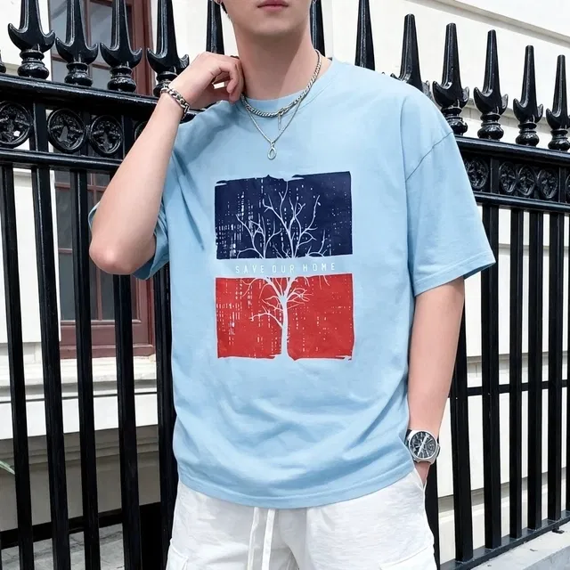 Cotton Round Neck-T-shirt for Men, Sku Blue (L)