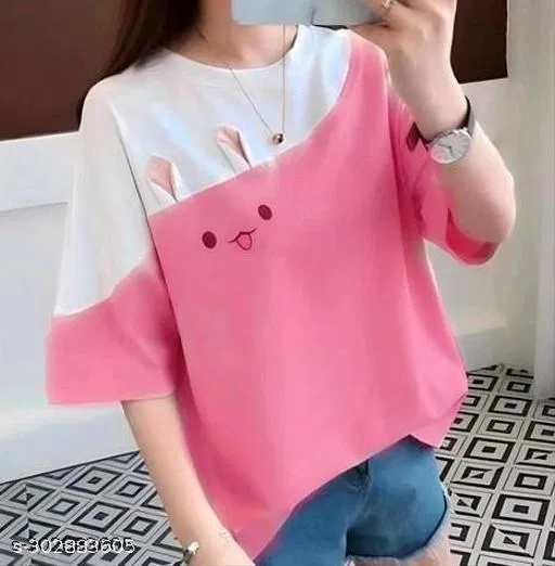 Polycotton Printed T-Shirt for Women, Dark Pink (M)