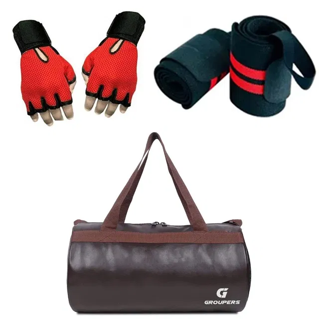 PU Leather Gym Bag with Gloves & Wristband for Men & Women (Multicolor, Set of 1)