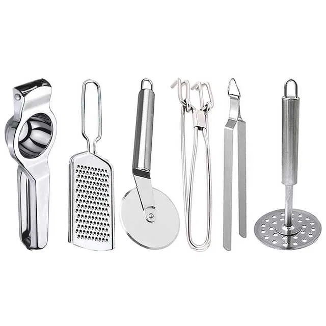 Oc9 Stainless Steel Lemon Squeezer & Cheese Grater & Pizza Cutter & Pakkad & Roti Chimta & Potato Masher Kitchen Tool Set (O-152)