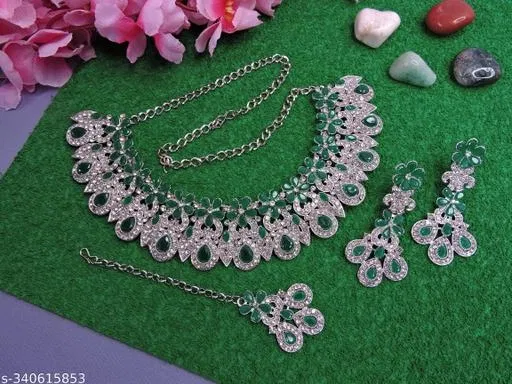 Diamond Kundan Necklace Set for Women (Green, Free Size)