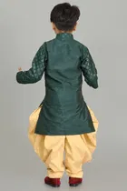 Dupion Silk Printed Kurta with Dhoti for Boys, Bottle Green & Beige 