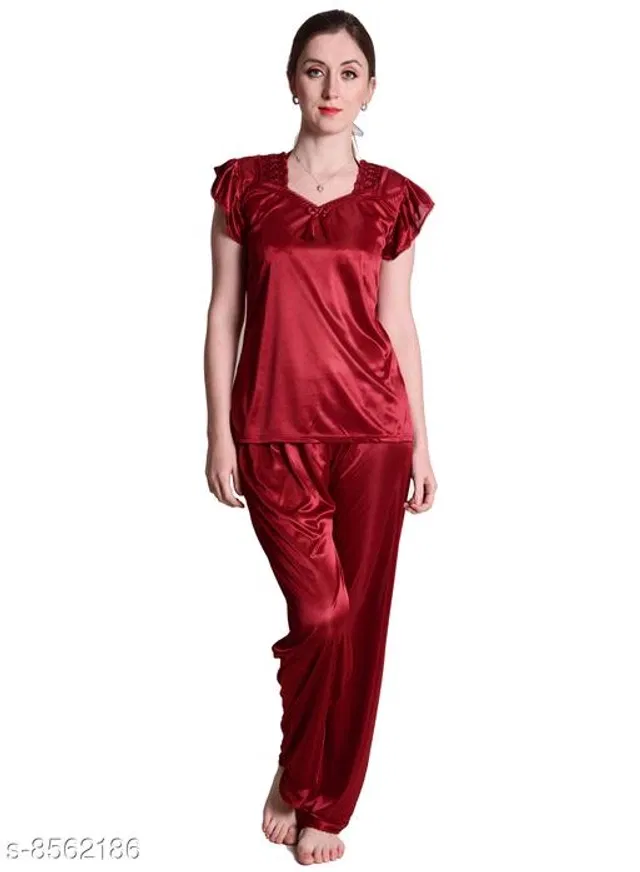 Satin Nightsuit Set for Women (Maroon, Free Size)