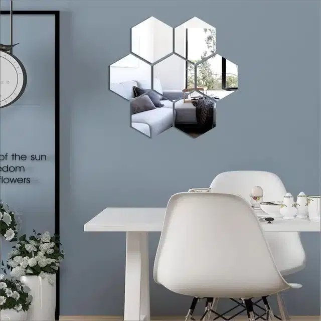 Acrylic Hexagon Shaped Wall Mirror Stickers (Silver, Pack of 7)